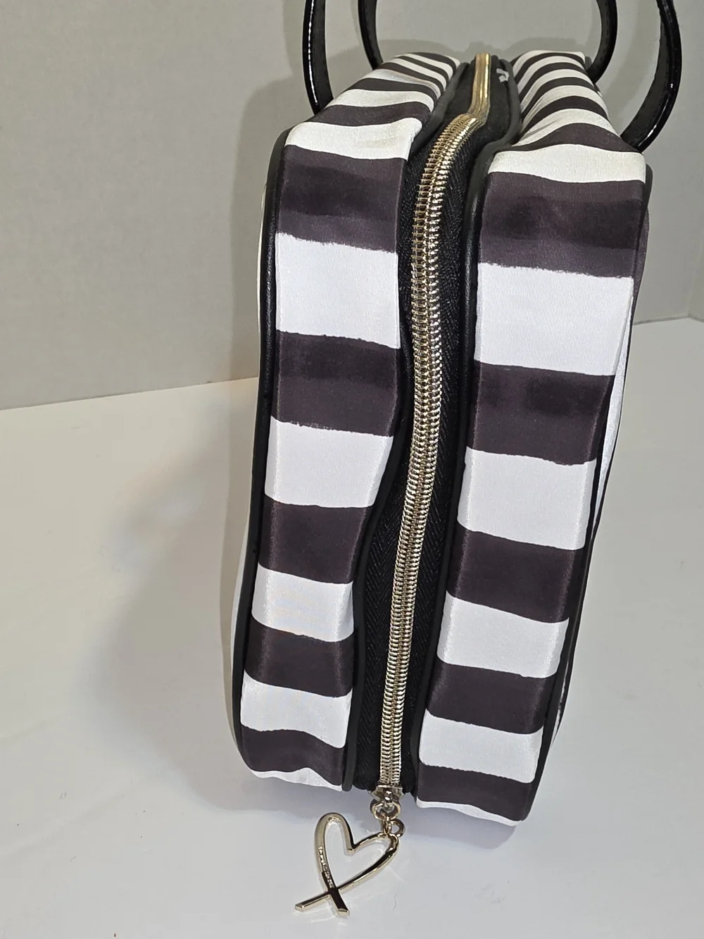 Victoria's Secret Black and White Striped Cosmetic Case with Gold Logo